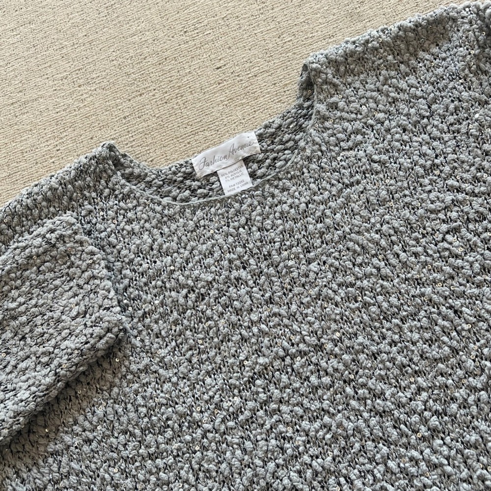 Fashion Avenue Grey‎ Popcorn Knit Sequin Sweater Metallic Shimmer 3/4 Sleeve L